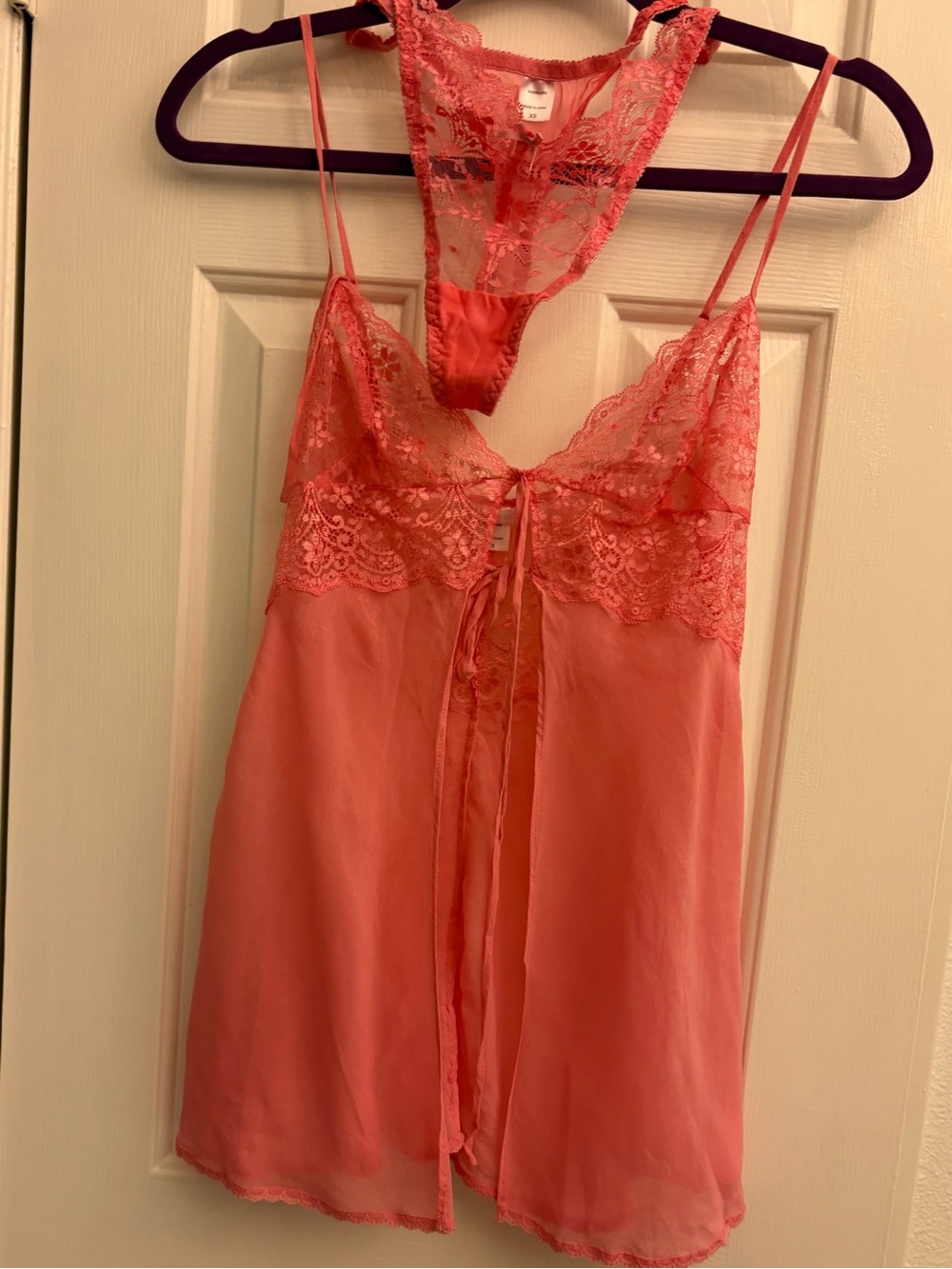 Victoria's Secret Coral Lace-Trim Chemise with Matching Thong